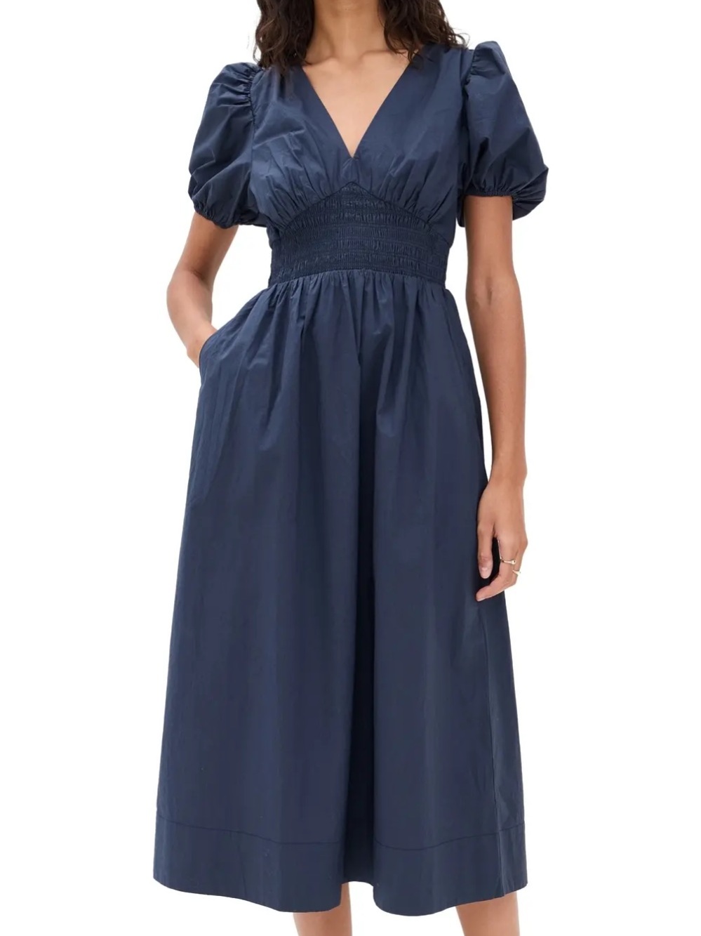 Trovata Navy Puff-Sleeve V-Neck Smocked-Waist Midi Dress